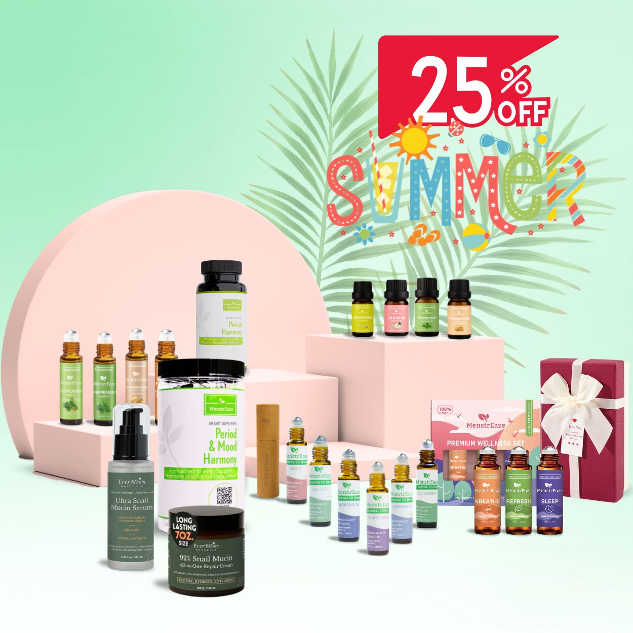 Collection of skincare products with promotional text for a 25% off summer sale